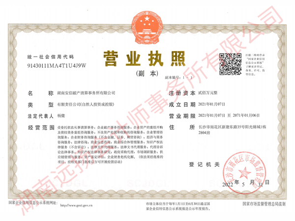  湖南安信破产清算事务所有限公司副本执照